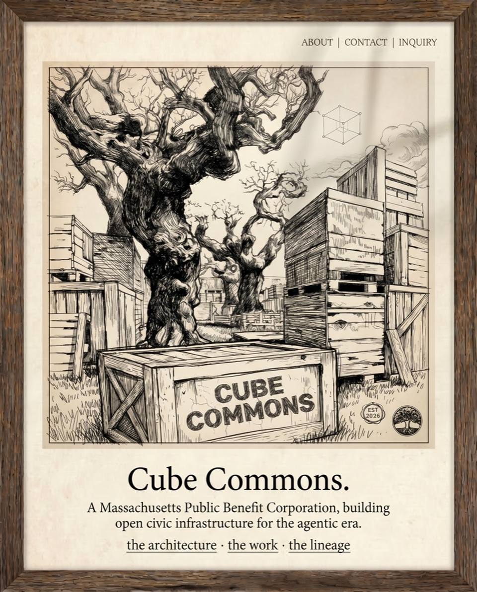 Ink illustration of an oak tree growing from a wooden crate labeled CUBE COMMONS, with a wireframe cube floating above, set within a wooden frame. Est. 2024.