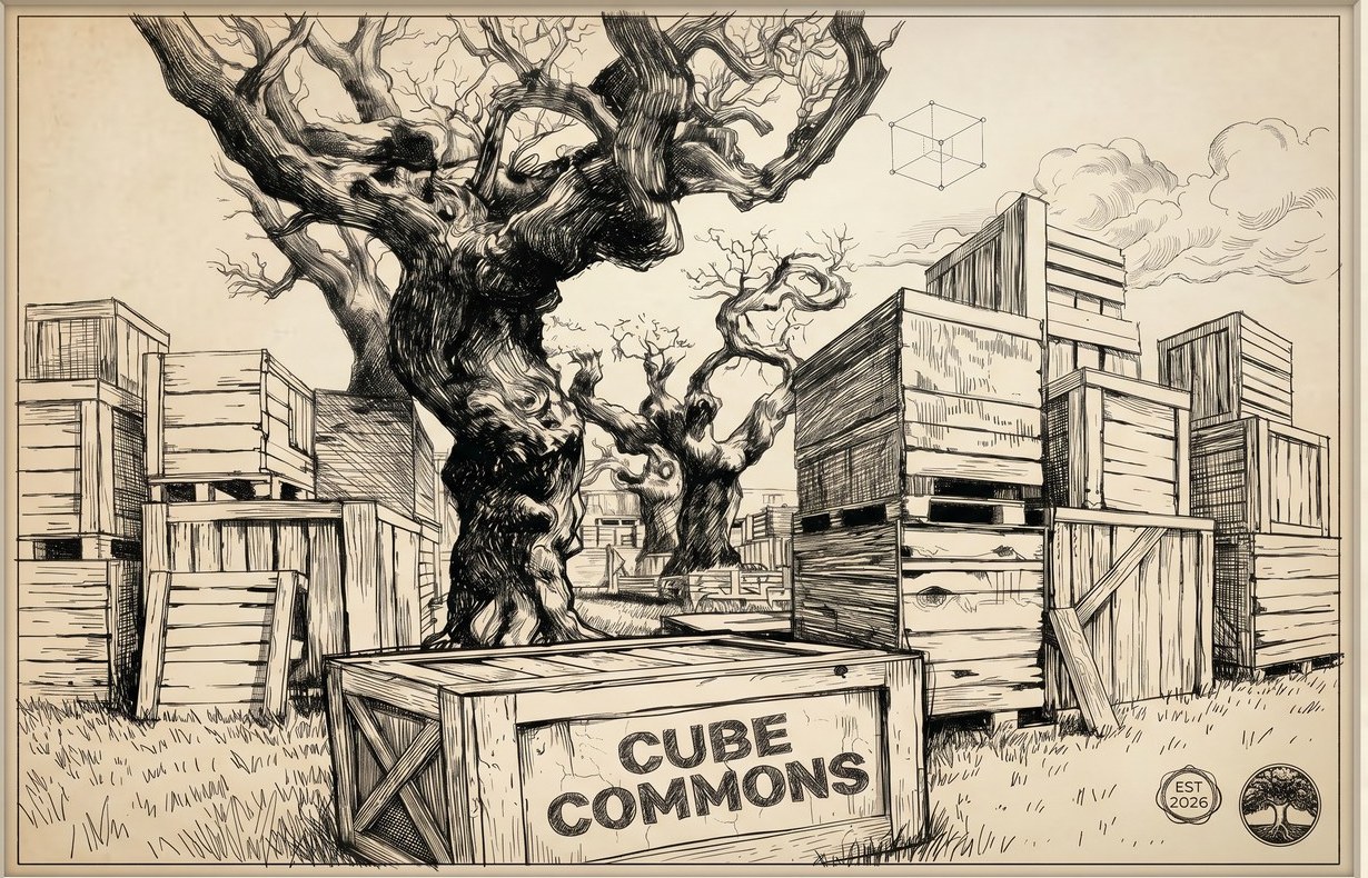 Ink illustration: an oak tree growing from a wooden crate labeled CUBE COMMONS, surrounded by stacked wooden crates, with a wireframe cube floating above. Est. 2026.